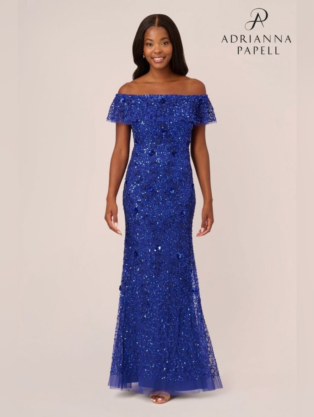 Adrianna Papell Off-Shoulder Beaded Evening Gown in Royal Blue
